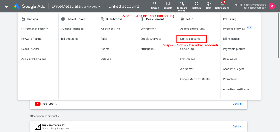 Google Ads tools and settings menu
