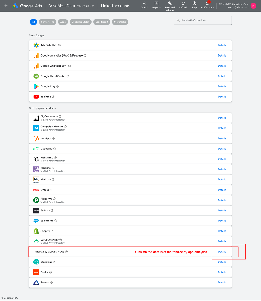 Google Ads third-party app analytics selection