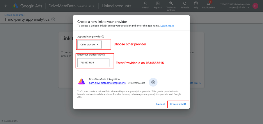 Google Ads link ID details form