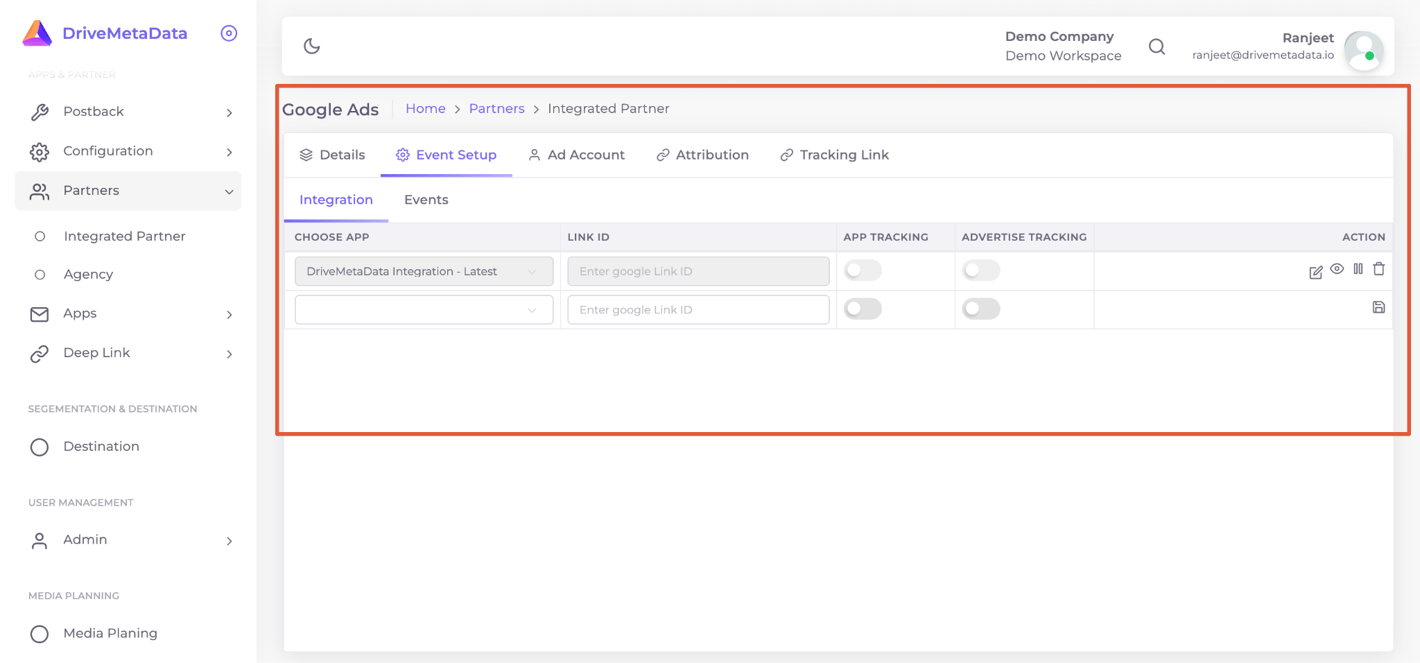 DriveMetaData Google Ads integration screen