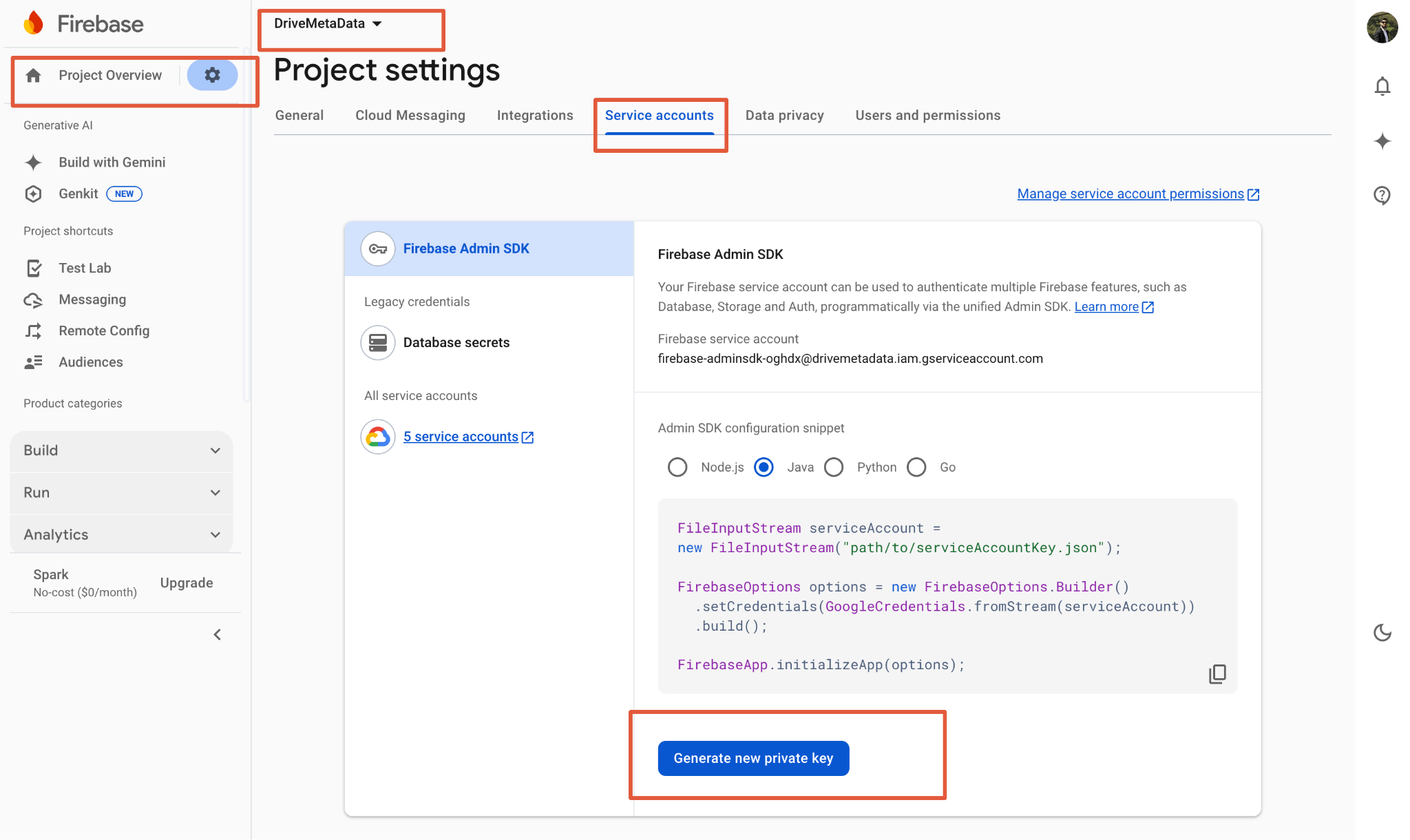 Firebase service account private key screen